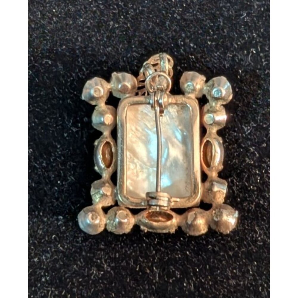 Vintage Pink Green Rhinestone Brooch Pendant Filigree Flower Mother of Pearl - Picture 2 of 14
